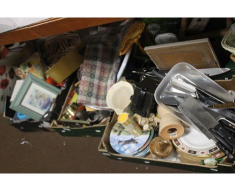 A QUANTITY OF SUNDRIES TO INCLUDE KITCHENALIA, BOX CAMERA, BAROMETER, PICTURES ETC.