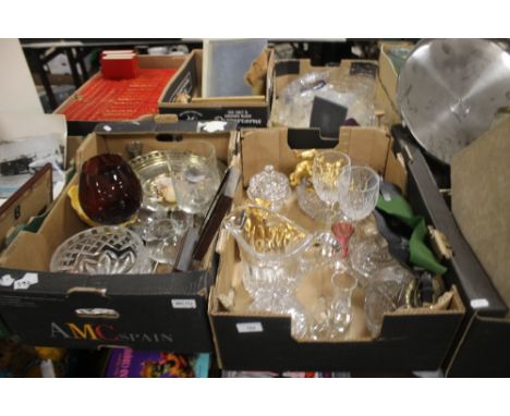 TWO TRAYS OF GLASSWARE, ORNAMENTS AND A BAROMETER