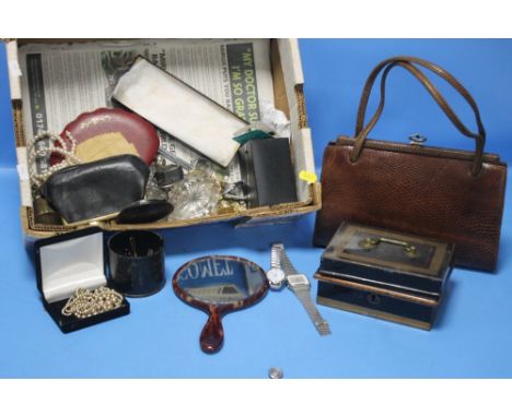 A BOX OF COLLECTABLES TO INCLUDE WRIST WATCHES, LADIES HANDBAG, A CASH TIN A/F ETC.