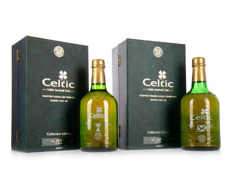 CELTIC F.C., TWO BOTTLES OF COMMEMORATIVE WHISKY, TO CELEBRATE THE 1997/98 LEAGUE AND LEAGUE CUP both no. 405/5000, 12 year o