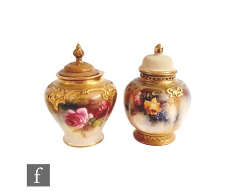 A Royal Worcester Hadleys shape 279 vase and cover decorated with hand tinted roses within lobed moulding, puce mark with dat