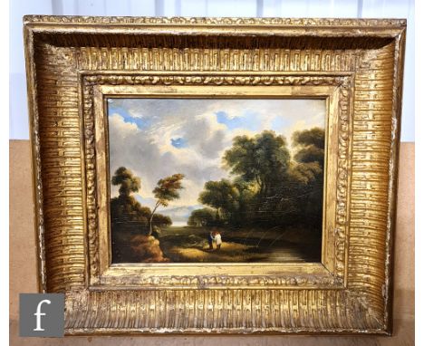 ENGLISH SCHOOL (EARLY 19TH CENTURY) - Figures in a wooded river landscape, oil on panel, framed 19cm x 24.5cm, frame size 36c
