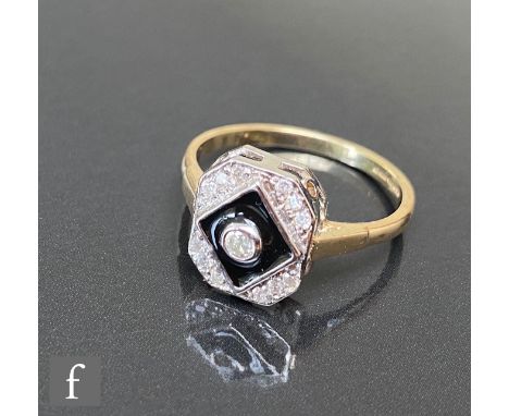 A 9ct hallmarked white gold diamond and black enamel ring, canted rectangular head with central diamond within enamel surroun