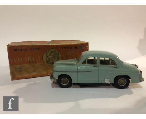 A Victory Industries Vauxhall Velox 1:18 scale plastic battery operated model, in pale blue with beige tinplate interior and 