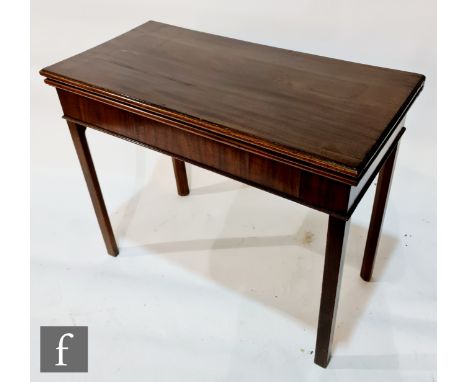 A George III mahogany rectangular card table with green baize line top on block chamfered legs, height 74cm, width 92cm and d