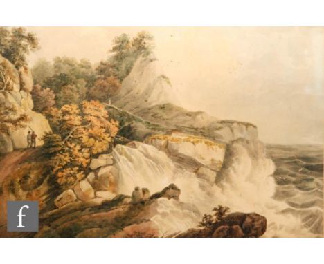 CIRCLE OF WILLIAM PAYNE (1760-1830) - Figures on a coastal path, watercolour, framed, 27cm x 40cm also another watercolour by