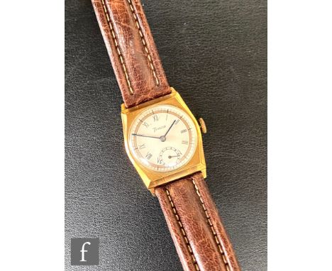 A mid 20th Century 9ct hallmarked gentleman's Timor manual wind wrist watch, Roman numerals to a silvered circular dial, case