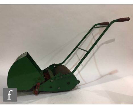 A 1950s Webb Miniature Lawn Mower for Children pressed steel toy with roller, rotating blades and grass box, height 50cm, som