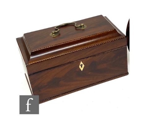 A George III mahogany a chequer strung inlaid tea caddy fitted with three canisters, width 24.5cm 