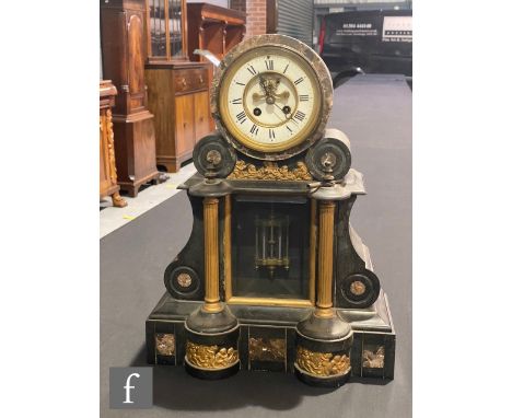 A Victorian slate mantle clock on plinth base, open escapement, width 54cm,&nbsp;