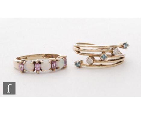 Two 9ct hallmarked stone set rings, an opal and pink tourmaline and a diamond set example, total weight 5.5g, ring sizes M an