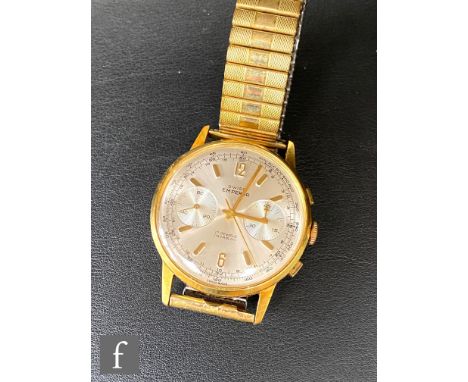 A Swiss mid 20th Century gentlemen's gold plated Emperor chronograph wrist watch, gilt batons and Arabic numerals to a silver