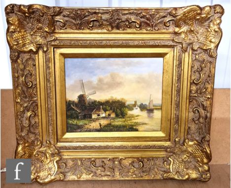 ENGLISH SCHOOL (LATE 20TH CENTURY) - A windmill in a river landscape, oil on panel, framed, 49cm x 24.5cm, frame size 43cm x 