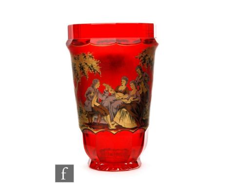 An early 20th Century Bohemian ruby glass vase of tumbler form with slice cut base and rim, the body enamel and gilt decorate