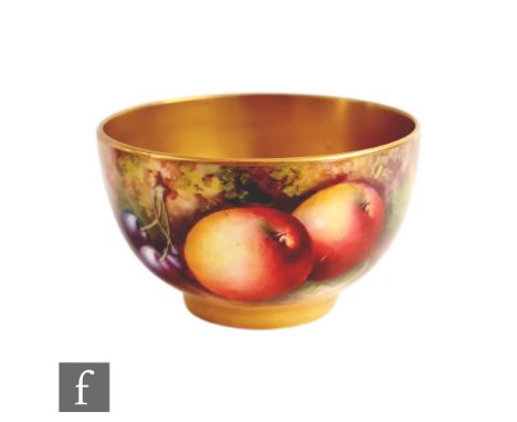 A Royal Worcester Fallen Fruits sugar bowl decorated in the round by Townsend with hand painted apples and cherries, signed, 