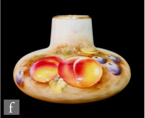 A Royal Worcester Fallen Fruits shape 2491 squat vase, panel decorated by Roberts with hand painted peaches and cherries, sig