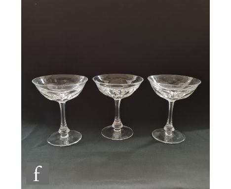 A set of six 20th Century Moser champagne coups or saucers in the Lady Hamilton pattern with slice cut bowl and stem, height 