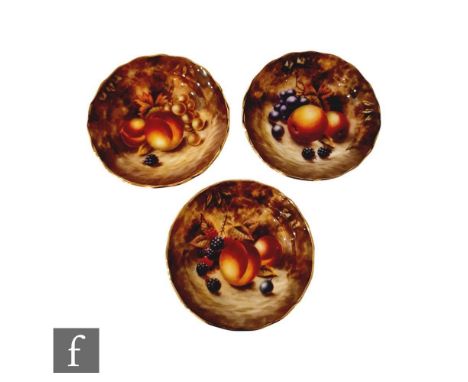 Three later 20th Century hand painted pin dish coasters decorated by former Royal Worcester artist Nigel Creed with Fallen Fr