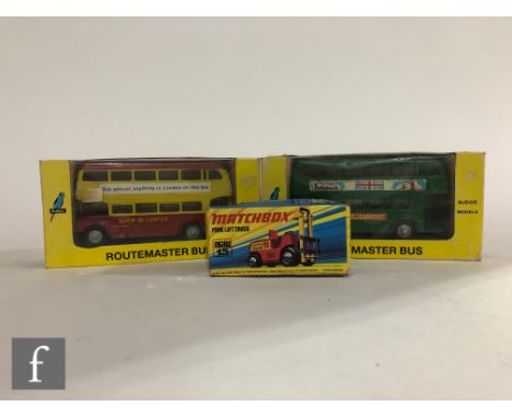 A group of mixed diecast models, comprising a Matchbox 15 Fork Lift Truck, a Budgie Routemaster Bus 'Shop Linker' and a Budgi