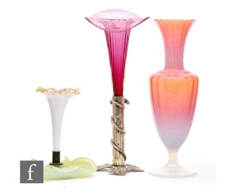 A collection of Victorian glass, to comprise a ruby glass trumpet of fluted form with wide folded rim and raised to an EPNS s