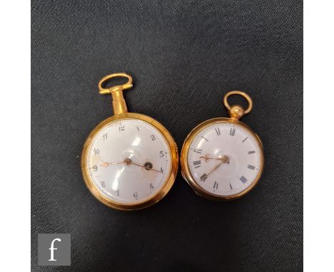 A 19th Century gold plated verge opal faced verge pocket watch with diamond set cock, Brockbank, London, with a similar examp