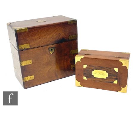 A 19th century mahogany brass cornered two divisioned decanter box, lacking decanters, width 23cm, and a similar smaller box 