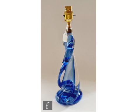 A 1950s Val St Lambert  crystal glass lamp of propellor form cased in clear crystal with a blue interior, unmarked, height 37