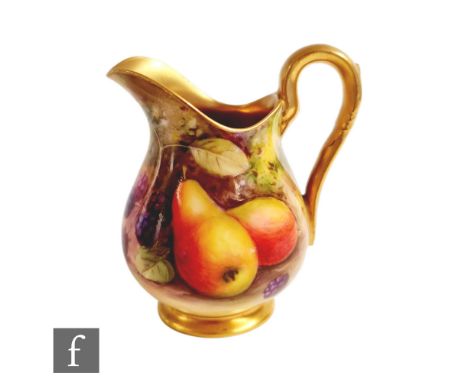 A small Royal Worcester Fallen Fruits cream jug decorated in the round by Shuck with hand painted pears and blackberries, sig