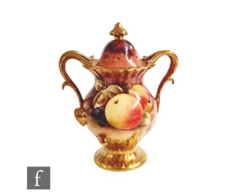 A small later 20th Century Coalport twin handled pot pourri vase decorated by former Royal Worcester artist Richard Budd with