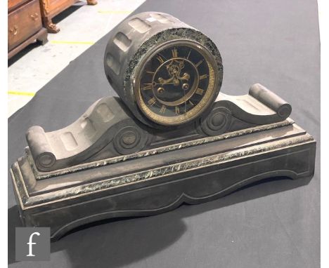 A 19th century slate mantle clock of classical form, open mercury pendulum, height 44cm. 