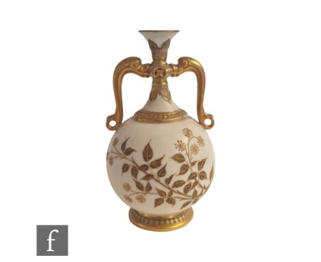 A late 19th Century Royal Worcester Aesthetic style twin handled vase decorated with gilt and enamel foliage against an ivory