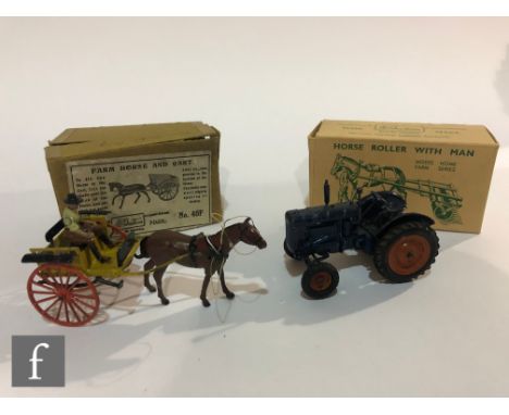 A Britains Home Farm Series 9F Horse Roller with stable lad, black horse and blue roller in one piece box with green text and