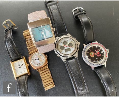 Five assorted wrist watches to include a Russian automatic, a three quartz and 9ct manual wind with mother of pearl dial. (5)