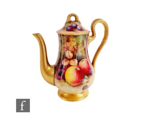 A Royal Worcester Fallen Fruits coffee pot decorated in the round by Moseley with hand painted apples and blackberries agains