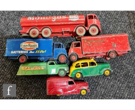 A group of Dinky Toys diecast commercial vehicles, comprising a 918 Guy Van 'Ever Ready' in blue with second type cab and red