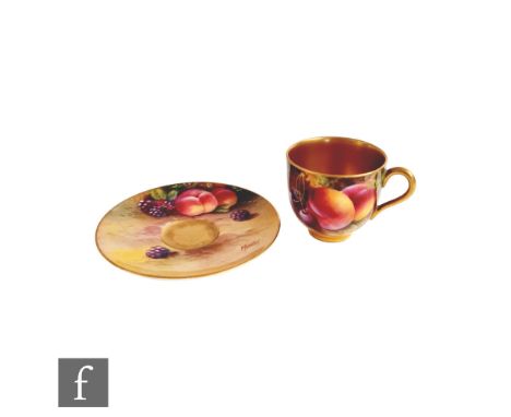 A matched Royal Worcester Fallen Fruits cabinet cup and saucer, the cup decorated in the round by Ayrton with peaches and che