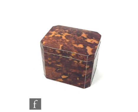 An early 20th Century faux tortoiseshell pewter tea caddy of canted form, the base marked Travis &amp; Wilson Sheffield, widt