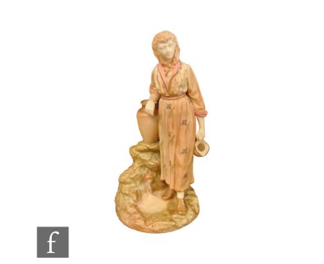 A late 19th Century Royal Worcester figure of a lady water carrier holding a jug and standing by a well, all in shot enamels,