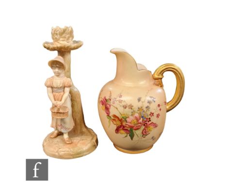 A late 19th Century Royal Worcester candlestick modelled by James Hadley in the style of Kate Greenaway with a young girl sto