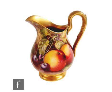A Royal Worcester Fallen Fruits cream jug decorated in the round by Townsend with hand painted apples and cherries, signed, p