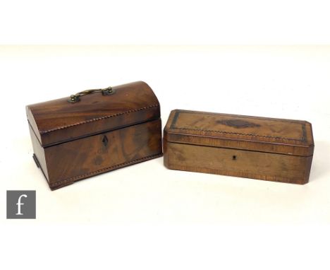 A George IV mahogany dome top tea caddy with inlaid chequer strung borders, the interior containing three painted zinc cannis