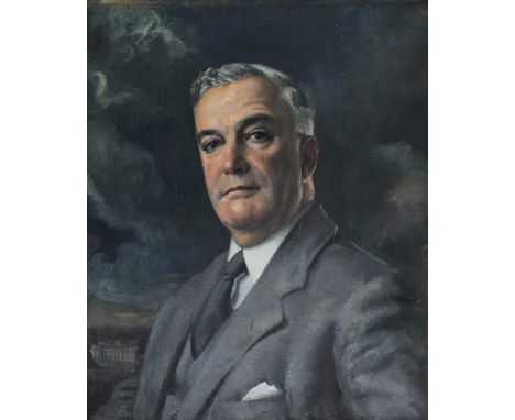 § Hilda Kidman (1891-1980) Portrait of a gentleman, head and shoulders, with a view of a mansion beyond, oil on canvas, signe
