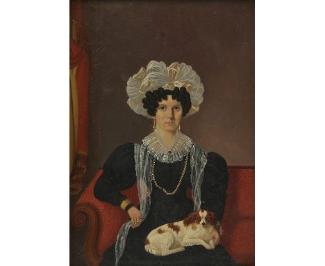 English School (circa 1830), Portrait of a lady seated in an interior with a King Charles Spaniel on her lap, oil on board, 2