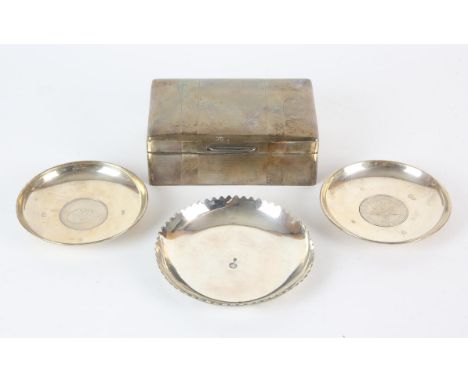 Three piece silver and enamel dressing table set Birmingham 1948, single silver brush, cigarette box, two silver dishes with 