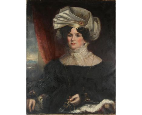 English School (circa 1830), Portrait of a lady wearing a turban, half length, oil on canvas, 92 x 71cm. UnframedCondition Re
