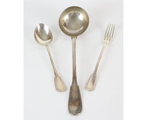 French silver ladle, and a continental 925 silver table spoon and fork, 12.5 oz 388gm