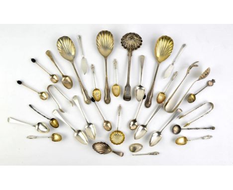 George III shell bowl caddy spoon, together with other spoons, sifters and tongs, various dates and makers 15.5oz 483gm
