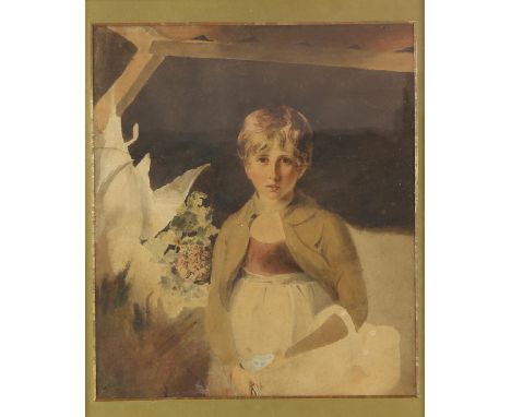Attributed to Thomas Heaphy, Portrait of a Young Girl with Flowers in a Basket, watercolour on paper, old handwritten label v