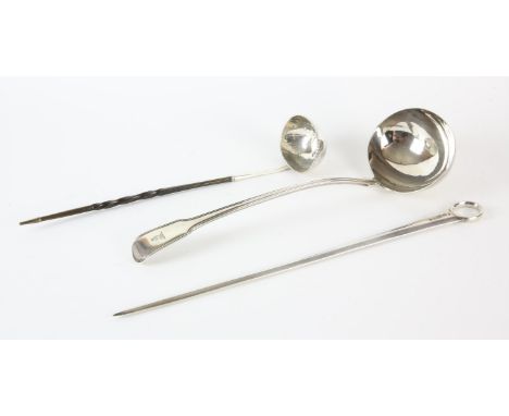 George III meat skewer by Richard Kersill London 1802 4oz 129gm, Georgian toddy ladle inset with a George II coin, and a soup