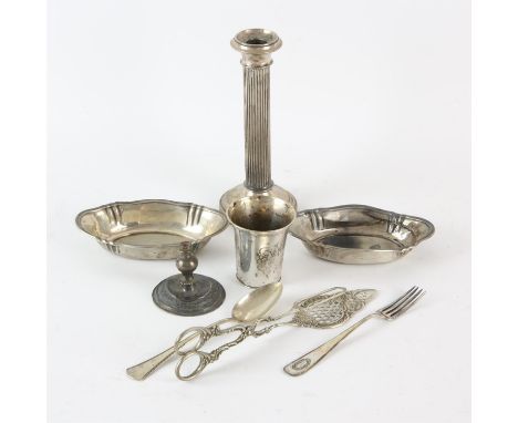 Continental white metal vodka cup, unmarked wax holder, German 800 standard cake server, two shallow dishes 800 standard, ree